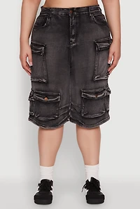 Womens Plus Size Daisy Denim Cargo Pocket Bermuda Shorts, Grey, Size 2X