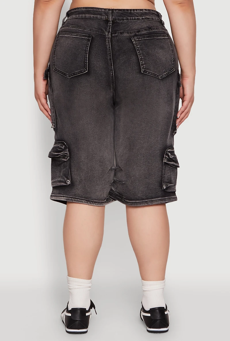 Womens Plus Size Daisy Denim Cargo Pocket Bermuda Shorts, Grey, Size 2X