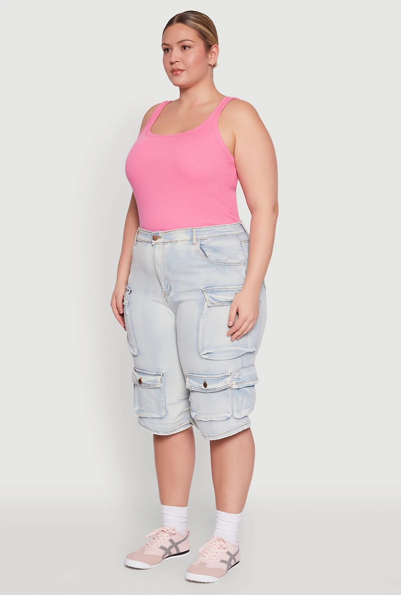 Womens Plus Daisy Denim Cargo Pocket Bermuda Shorts, 3X