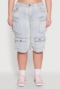 Womens Plus Daisy Denim Cargo Pocket Bermuda Shorts, 3X