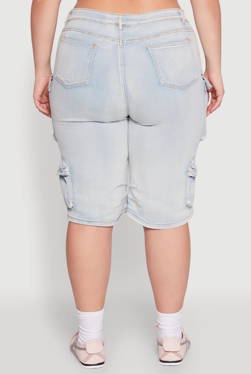 Womens Plus Daisy Denim Cargo Pocket Bermuda Shorts,