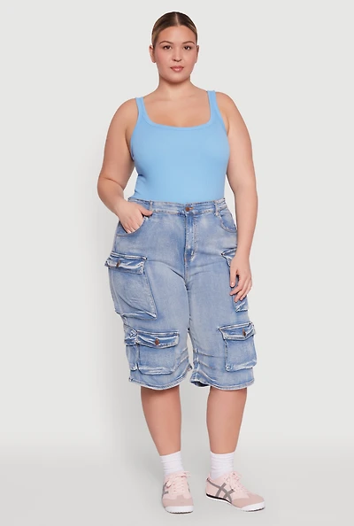 Womens Plus Daisy Denim Cargo Pocket Bermuda Shorts, Blue,