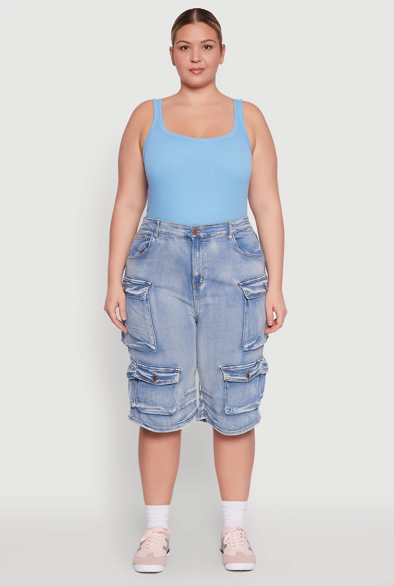 Womens Plus Daisy Denim Cargo Pocket Bermuda Shorts, Blue,
