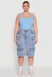Womens Plus Daisy Denim Cargo Pocket Bermuda Shorts, Blue,