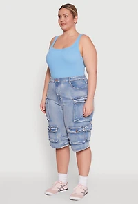 Womens Plus Daisy Denim Cargo Pocket Bermuda Shorts, Blue,