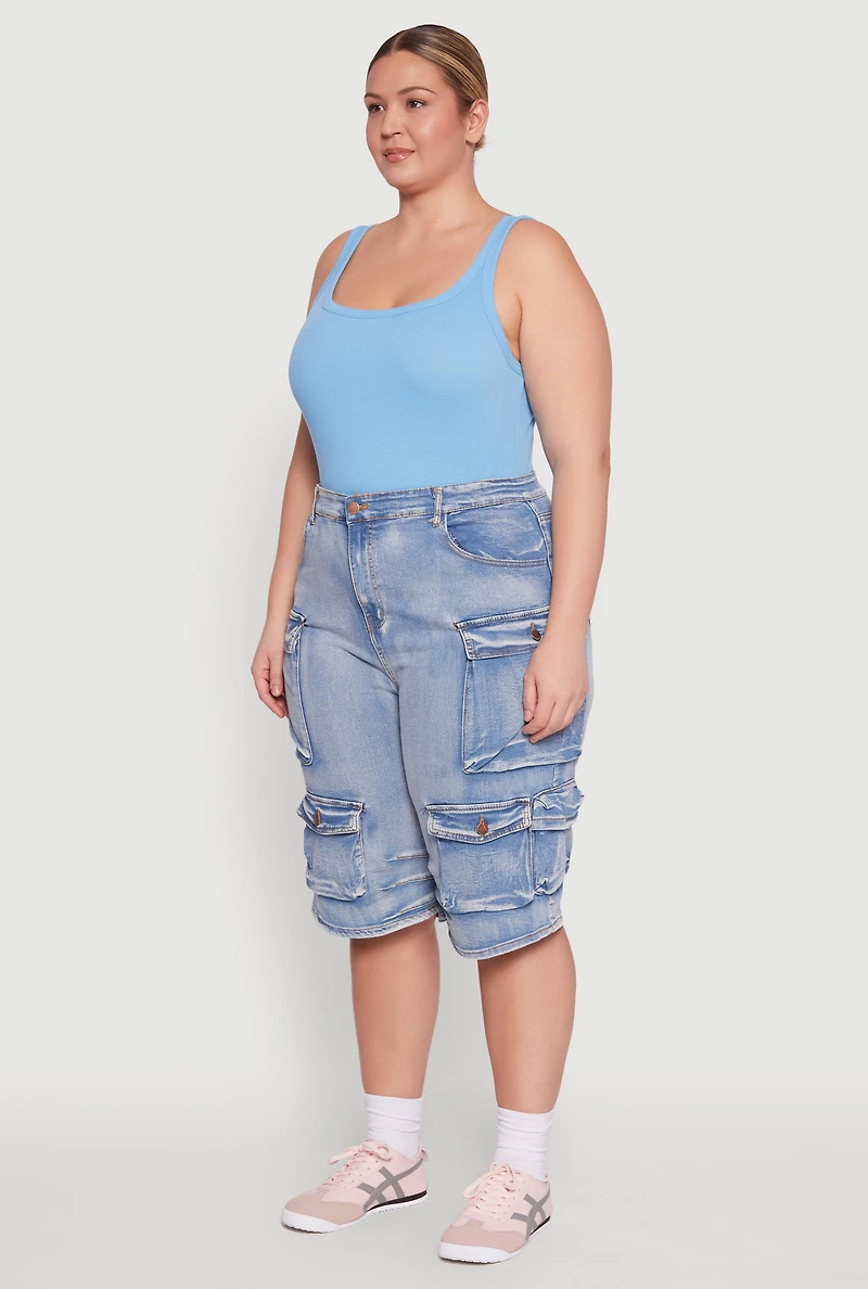 Womens Plus Size Daisy Denim Cargo Pocket Bermuda Shorts, Blue, Size 2X