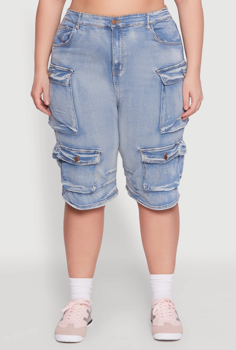 Womens Plus Daisy Denim Cargo Pocket Bermuda Shorts, Blue,