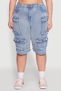 Womens Plus Daisy Denim Cargo Pocket Bermuda Shorts, Blue,
