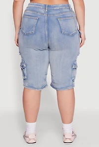 Womens Plus Daisy Denim Cargo Pocket Bermuda Shorts, Blue,