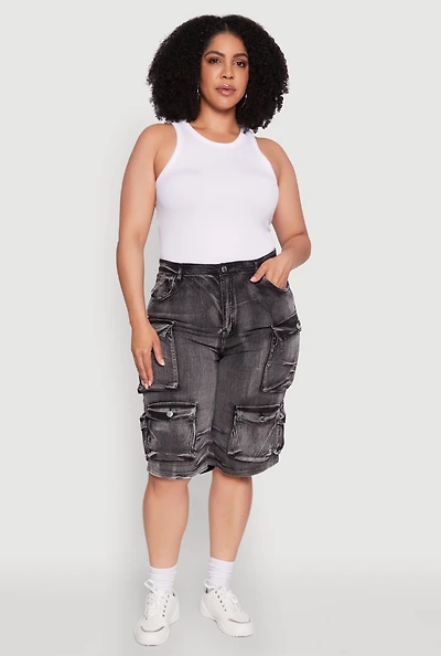 Womens Plus Daisy High Waisted Acid Wash Cargo Denim Shorts,