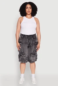 Womens Plus Daisy High Waisted Acid Wash Cargo Denim Shorts, 2X