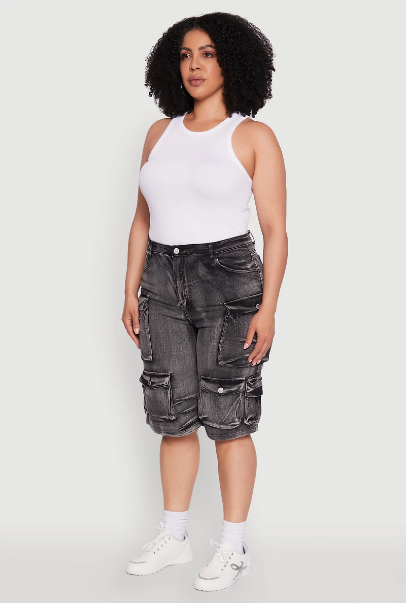 Plus Daisy High Waisted Acid Wash Cargo Denim Shorts