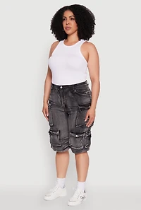 Plus Daisy High Waisted Acid Wash Cargo Denim Shorts