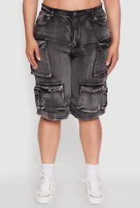 Womens Plus Size Daisy High Waisted Acid Wash Cargo Denim Shorts, Black, Size 2X