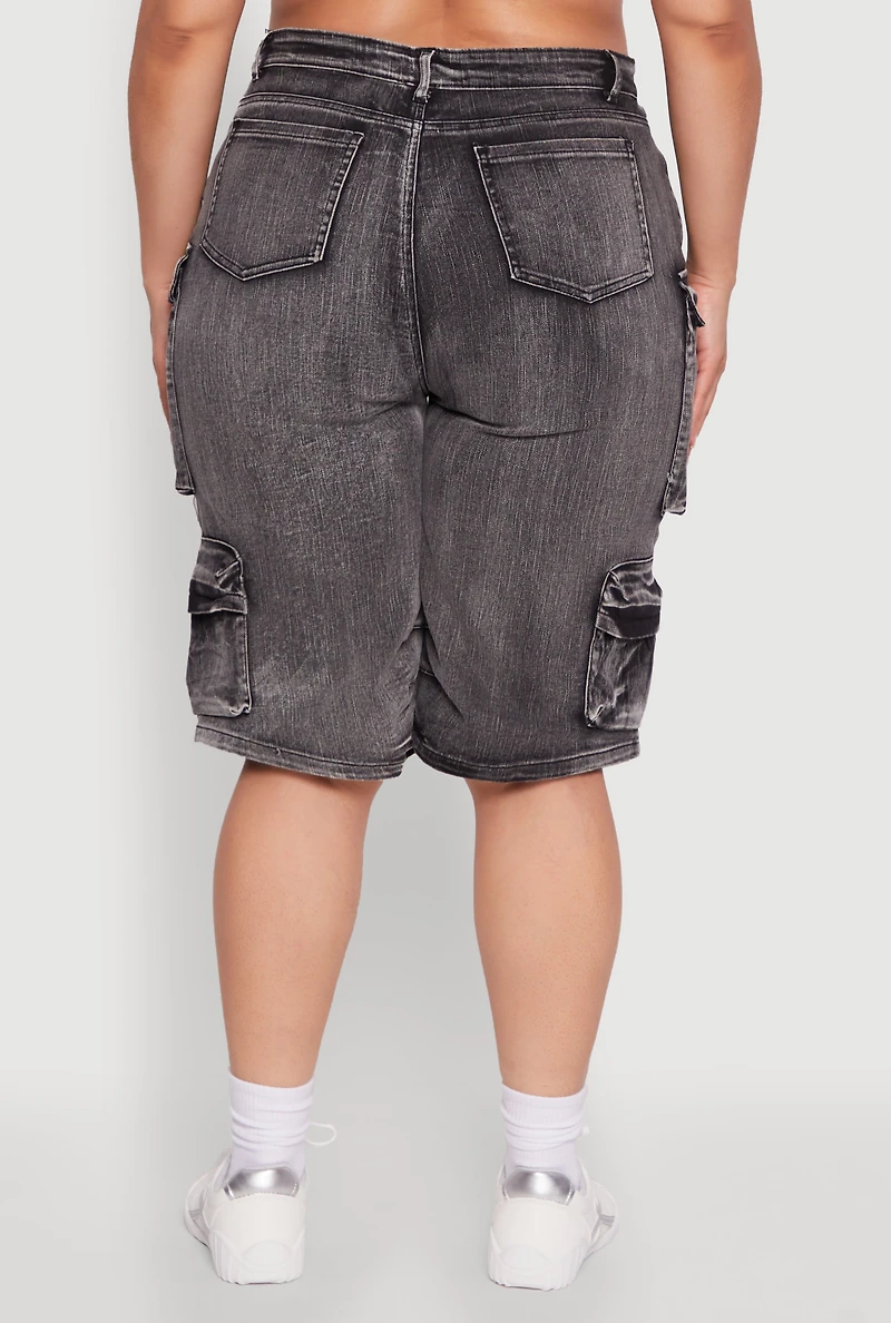 Womens Plus Size Daisy High Waisted Acid Wash Cargo Denim Shorts, Black, Size 2X