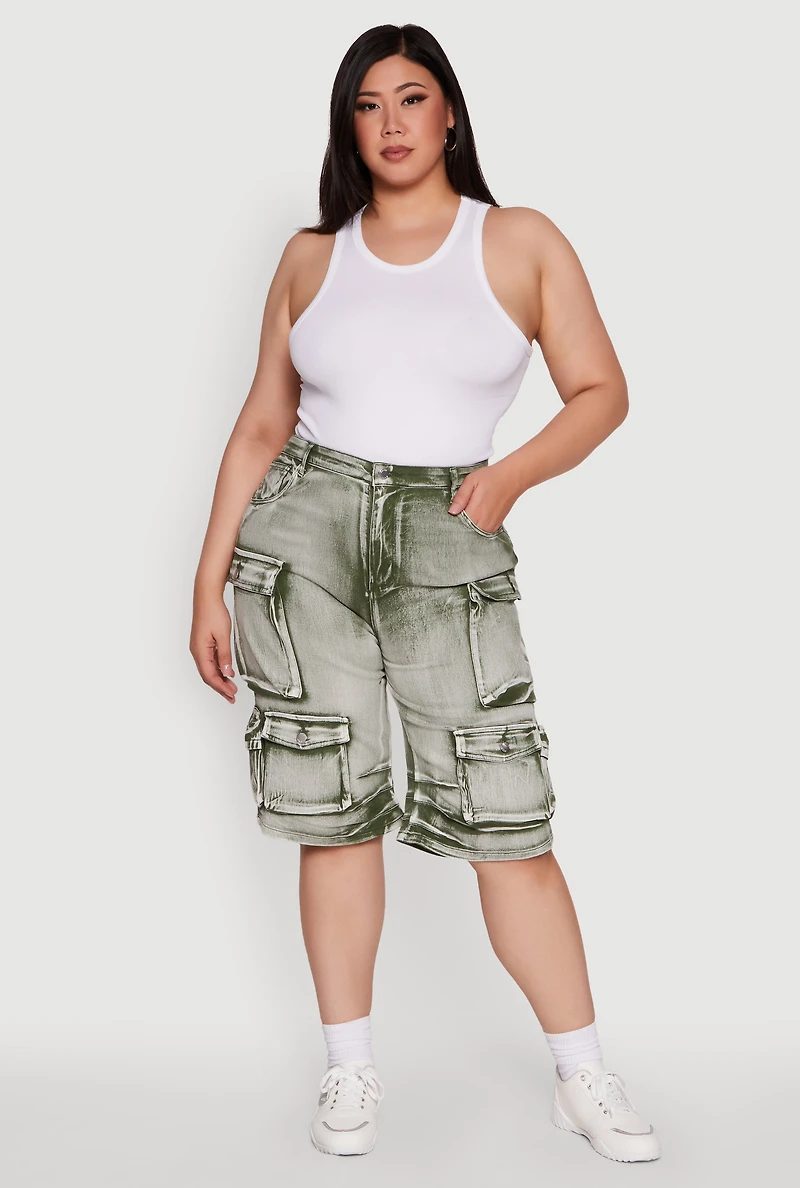 Plus Daisy High Waisted Acid Wash Cargo Denim Shorts