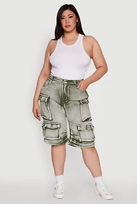 Plus Daisy High Waisted Acid Wash Cargo Denim Shorts