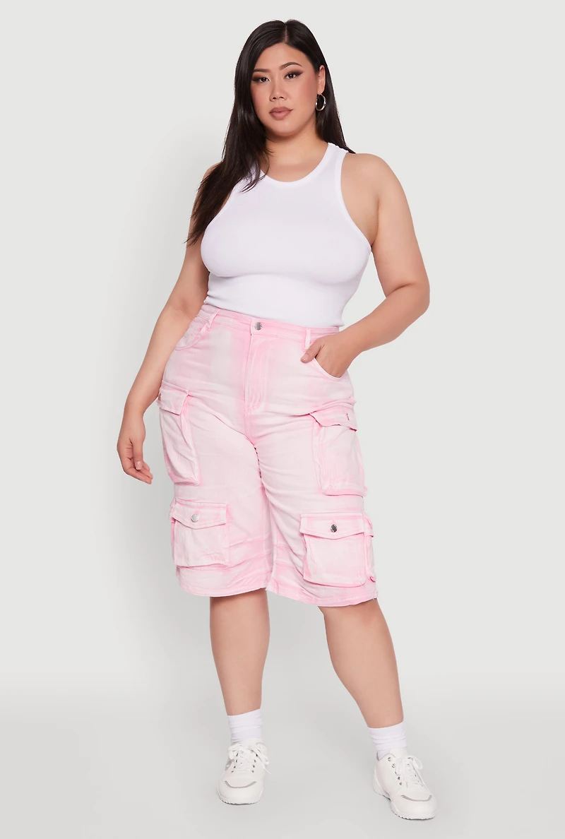 Plus Daisy High Waisted Acid Wash Cargo Denim Shorts