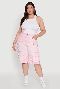 Plus Daisy High Waisted Acid Wash Cargo Denim Shorts