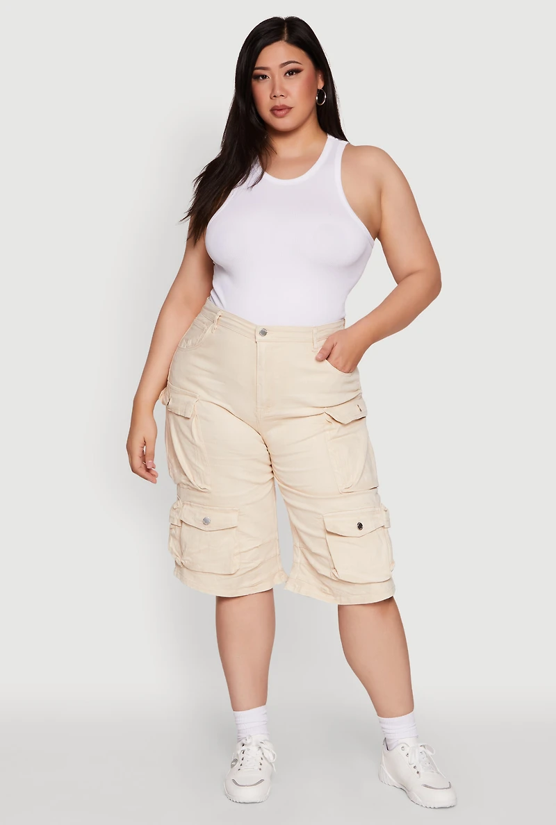 Womens Plus Size Daisy High Waisted Acid Wash Cargo Denim Shorts, Khaki, Size 2X