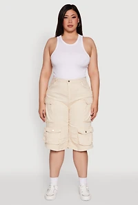 Womens Plus Size Daisy High Waisted Acid Wash Cargo Denim Shorts, Khaki, Size 2X