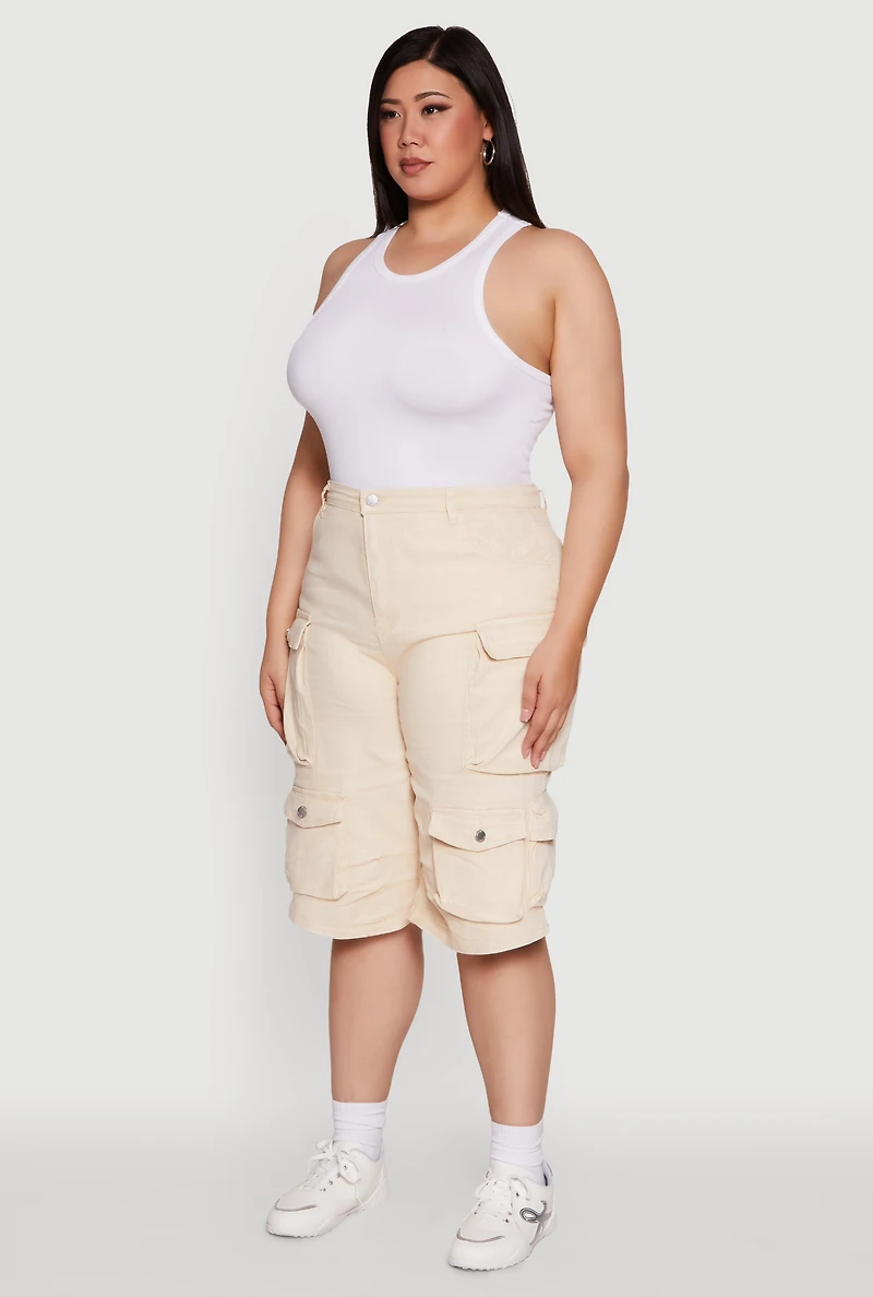 Womens Plus Size Daisy High Waisted Acid Wash Cargo Denim Shorts, Khaki, Size 2X