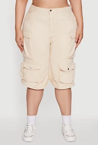 Womens Plus Size Daisy High Waisted Acid Wash Cargo Denim Shorts, Khaki, Size 3X