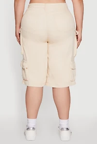 Womens Plus Size Daisy High Waisted Acid Wash Cargo Denim Shorts, Khaki, Size 2X