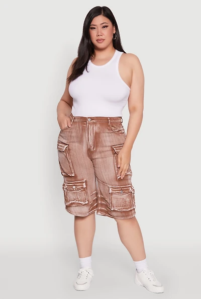 Womens Plus Daisy High Waisted Acid Wash Cargo Denim Shorts,
