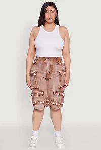Womens Plus Size Daisy High Waisted Acid Wash Cargo Denim Shorts, Brown, Size 2X
