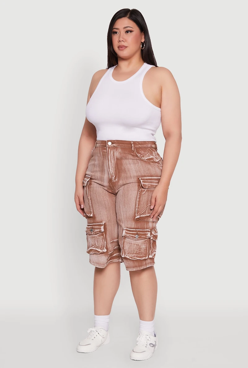 Womens Plus Size Daisy High Waisted Acid Wash Cargo Denim Shorts, Brown, Size 1X