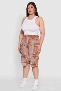 Womens Plus Size Daisy High Waisted Acid Wash Cargo Denim Shorts, Brown, Size 1X