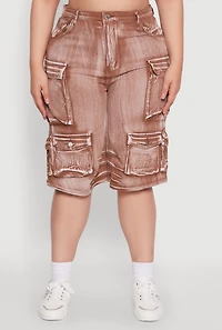 Womens Plus Size Daisy High Waisted Acid Wash Cargo Denim Shorts, Brown, Size 1X