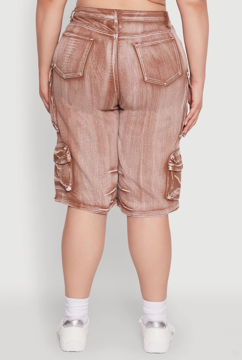 Womens Plus Size Daisy High Waisted Acid Wash Cargo Denim Shorts, Brown, Size 1X