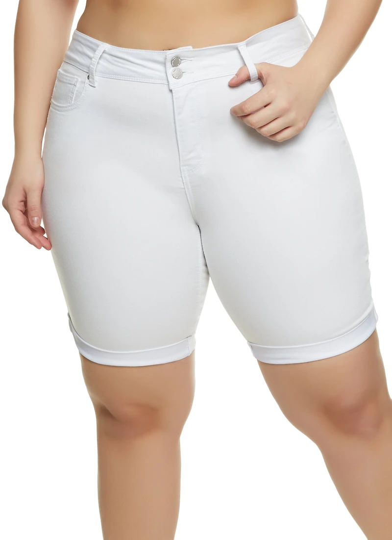 Womens Plus Size Fixed Cuff Denim Bermuda Shorts, White, Size 3X