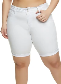 Womens Plus Size Fixed Cuff Denim Bermuda Shorts, White, Size 3X