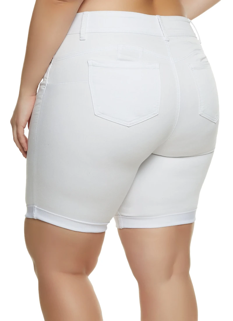 Womens Plus Size Fixed Cuff Denim Bermuda Shorts, White, Size 3X