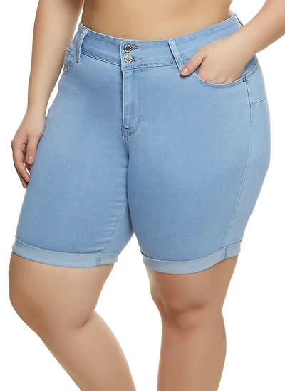 Plus Fixed Cuff Denim Bermuda Shorts