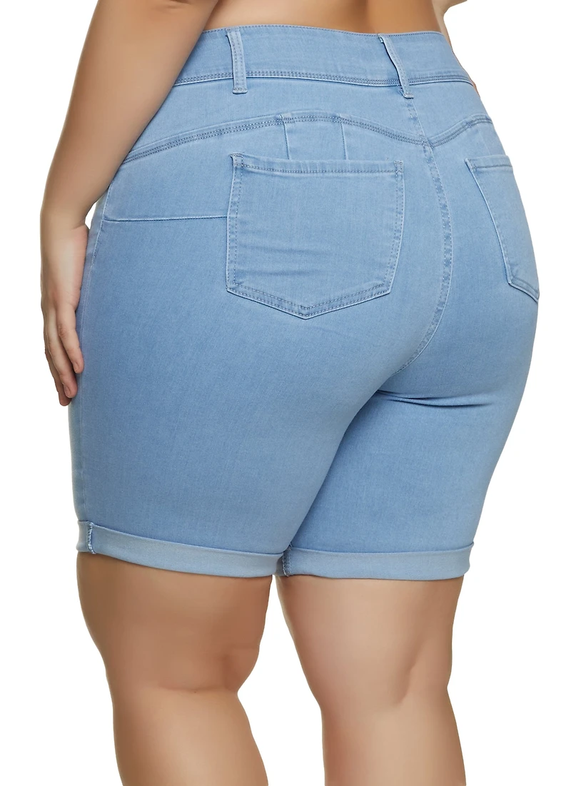 Plus Fixed Cuff Denim Bermuda Shorts