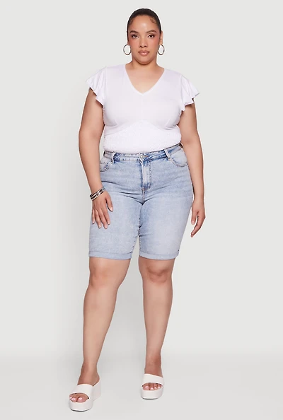 Plus WAX Rolled Cuff Acid Wash Denim Shorts