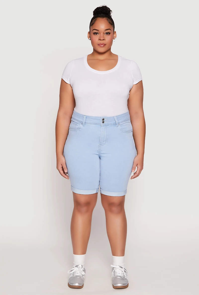 Womens Plus Size WAX Two Button Denim Bermuda Shorts, Blue, Size 2X