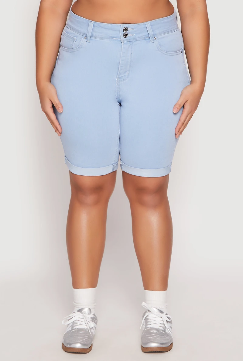 Womens Plus Size WAX Two Button Denim Bermuda Shorts, Blue, Size 2X