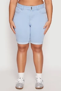 Womens Plus Size WAX Two Button Denim Bermuda Shorts, Blue, Size 2X