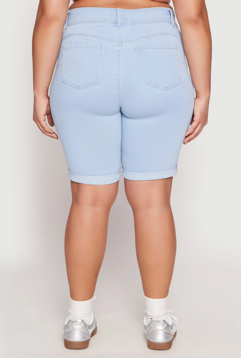 Womens Plus Size WAX Two Button Denim Bermuda Shorts, Blue, Size 2X