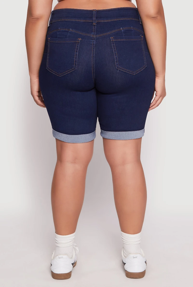 Womens Plus Size WAX Two Button Denim Bermuda Shorts, Blue, Size 3X