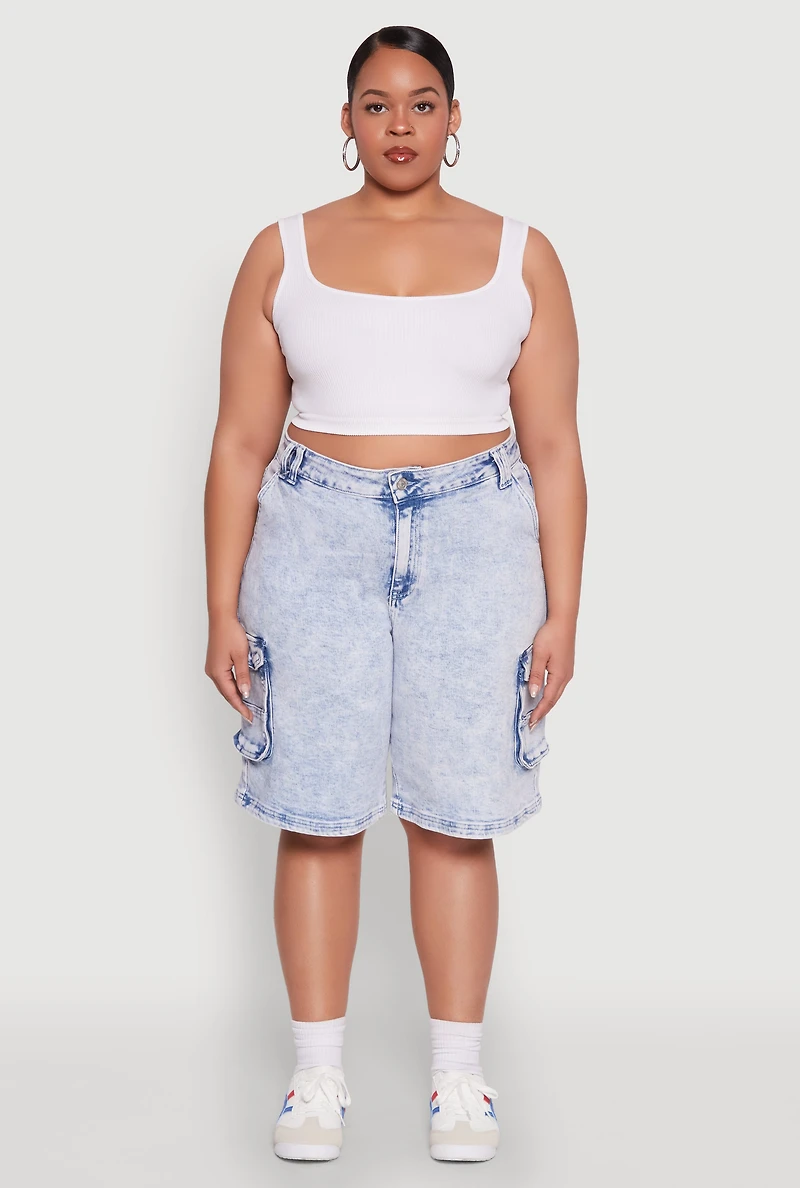 Womens Plus WAX Mineral Wash Cargo Jorts, Blue,