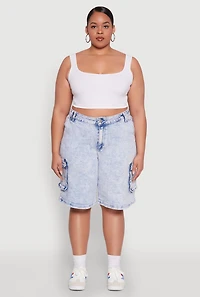 Womens Plus WAX Mineral Wash Cargo Jorts, Blue,
