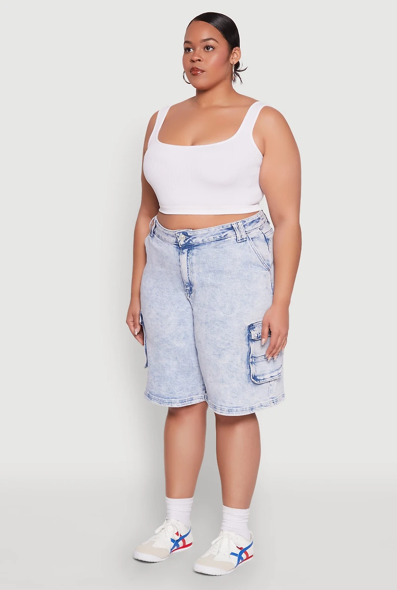 Womens Plus WAX Mineral Wash Cargo Jorts, Blue,
