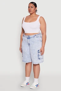Womens Plus WAX Mineral Wash Cargo Jorts, Blue,