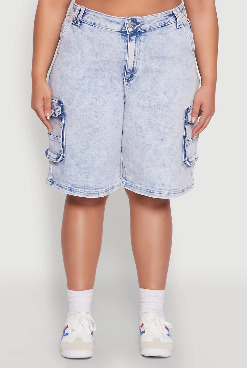 Womens Plus WAX Mineral Wash Cargo Jorts, Blue,